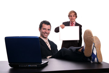 businessman in the office and partner with blank board