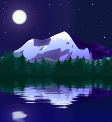mountain landscape in moon light; water reflection