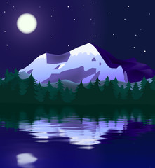 Obraz premium mountain landscape in moon light; water reflection