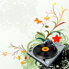 turntable on floral grunge background