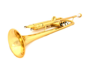 Obraz na płótnie Canvas gold lacquer trumpet with mouthpiece isolated on white