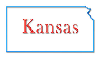 Kansas Map Outlined in Neon Blue with Red Lettering
