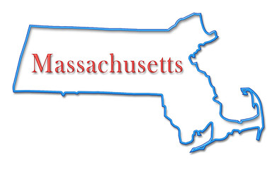 Massachusetts Map Outlined in Neon Blue with Red Lettering