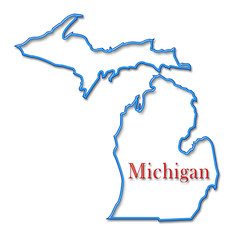 Michigan Map Outlined in Neon Blue with Red Lettering