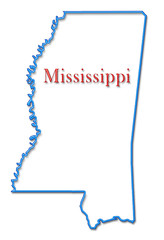 Mississippi Map Outlined in Neon Blue with Red Lettering