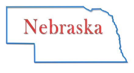 Nebraska Map Outlined in Neon Blue with Red Lettering