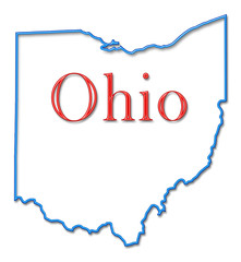 Ohio Map Outlined in Neon Blue with Red Lettering