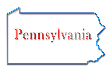 Pennsylvania Map Outlined in Neon Blue with Red Lettering