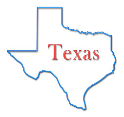 Texas Map Outlined in Neon Blue with Red Lettering