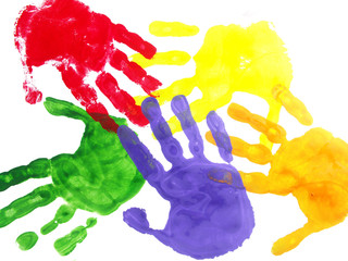 Color hand prints painted on a white paper