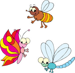 dragon-fly, butterfly and bee 