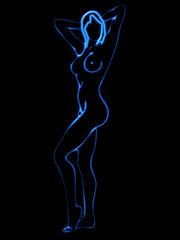 Neon nude girl isolated on a black background ( blue )