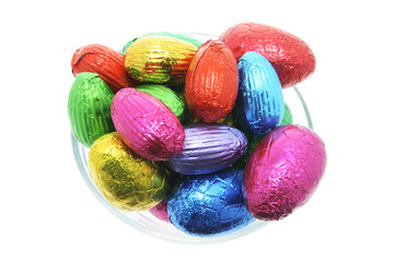 Easter Eggs in Glass Bowl on White Background