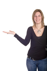 attractive woman showing her right hand to presenting product