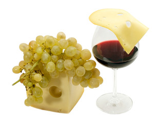 Glass of wine, grape and  cheese 