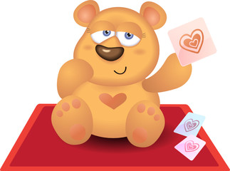 Fototapeta premium Teddy Bear playing Heart Card on red carpet