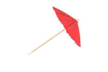 Red cocktail umbrella on white - obrazy, fototapety, plakaty