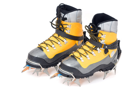 plastic climbing boots with crampons