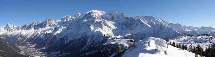 Fotobehang Mont Blanc Panoramisch Mont Blanc-massief gezien vanaf Prarion