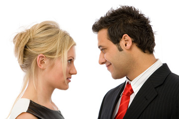 lovely couple flirting on white background