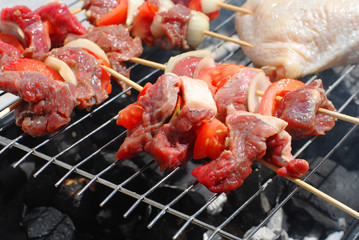 Barbecue in the stick roasted in the ember .