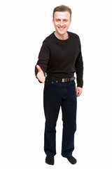 Fototapeta premium Pleased to meet you. Smiling man on a white background.