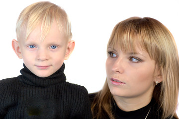 Mother looking at the son isolated on white