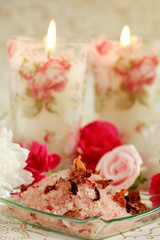 Bath salt with dry rose petals