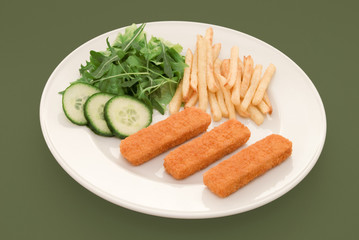 Three fish fingers on a white plate with salad 