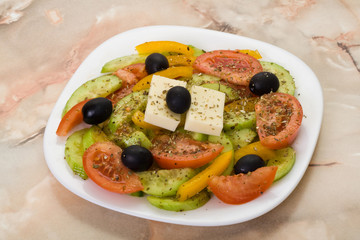 Greek salad, cheese, olive, tomato