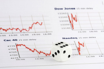 White dice over stock market graphs