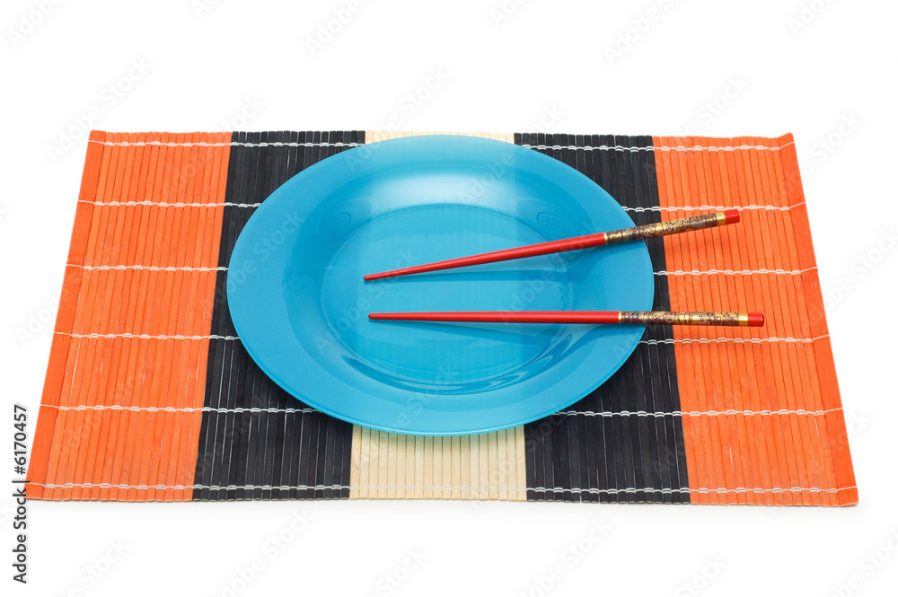 Wall mural Blue plate with chopsticks isolated on white