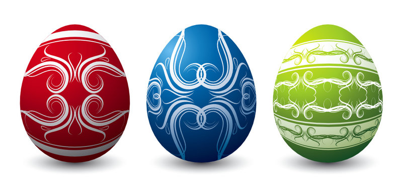 three color easter eggs white background, vector