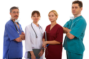 nurse, two male and one female doctors with  accessories