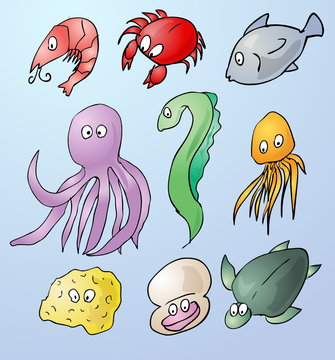 Cartoon illustrations of sea creatures