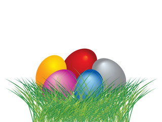 Colored easter eggs in green grass with white background
