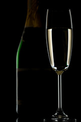 Champagne flute and bottle silhouette isolated on black.
