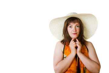 young beauty woman with big white hat