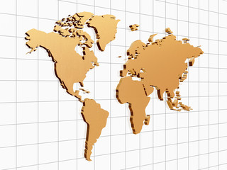 3d golden world map on chart over lines