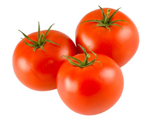 three full tomatoes isolated on white background