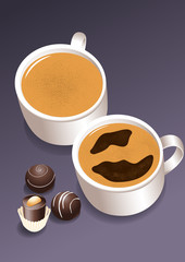Coffee cups and chocolate, vector illustration