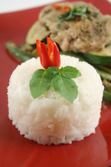 Rice stack with Thai chicken and  beans and zucchini.