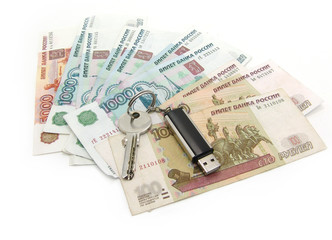 russian rubles and usb drive with key 