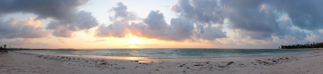 Panoramic of Caribbean Beach at Sunrise