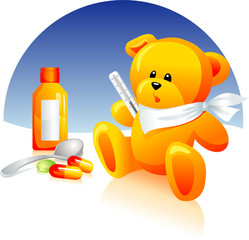 Sick Teddy bear, medical treatment. Thermometer,pills,syrup.
