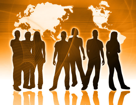 people silhouettes and world map