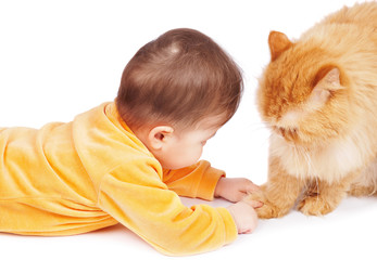 Baby and cat isolated on white