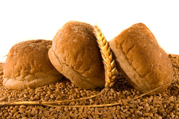 Three Wholemeal Rolls with Ear of Wheat on Bed of Wheat