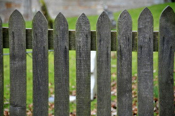 A wooden fence with property behind.
