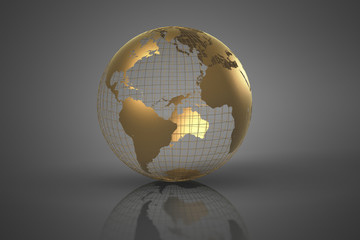 A golden globe with textured surface, reflecting on a grey background, highlighting global connectivity.